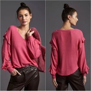 Anthropologie Pilcro Top Ruffled V-Neck Shirt Waffle Knit Raspberry Pink L